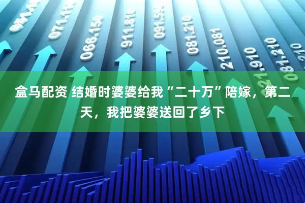 盒马配资 结婚时婆婆给我“二十万”陪嫁，第二天，我把婆婆送回了乡下